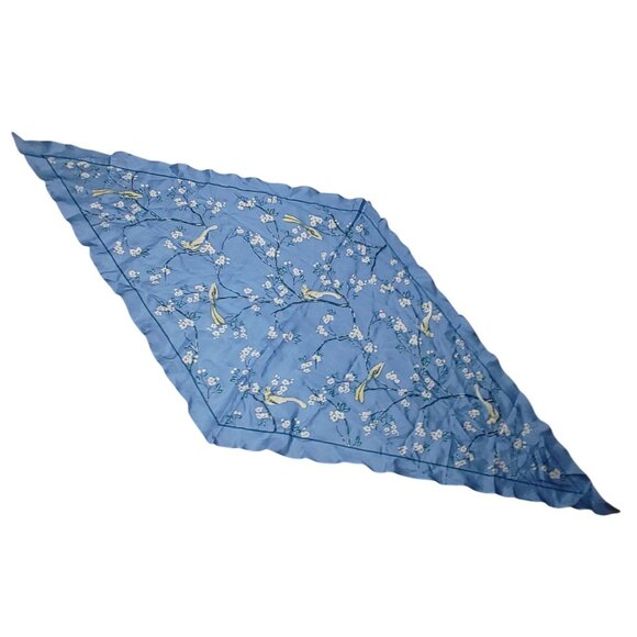 Silk Scarf Lauren Ralph Lauren Sandra Diamond Blue Floral Birds Scallop Edges - Picture 1 of 11